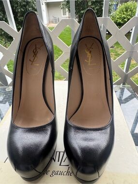 YSL Yves Saint Laurent Black Leather Tribtoo Tribute Platform Pumps Shoes 37
